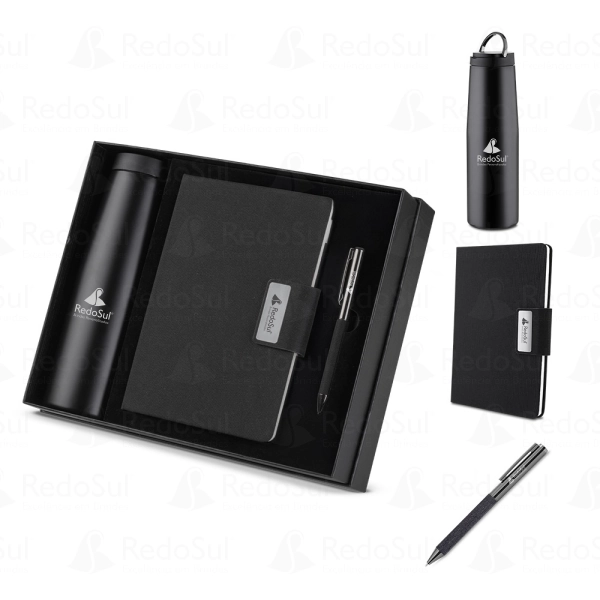 Kit escritório personalizado com Caderno, Garrafa e Caneta Metalica