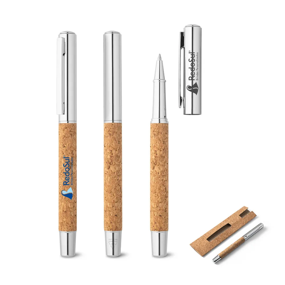 RD 91783-Caneta personalizada escrita Roller com corpo em aço inox e cortiça