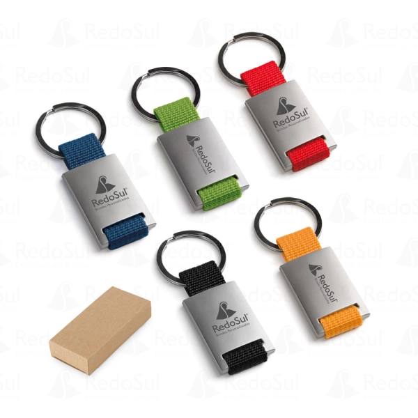 Chaveiros em metal personalizado com acabamento em webbing