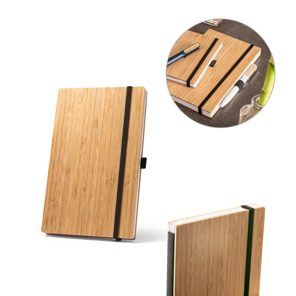 Caderno personalizado de bolso com capa de bambu e lombada em PET reciclado