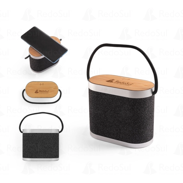 Caixa de som Personalizada de Bambu 15W com carregador wireless super-rápido