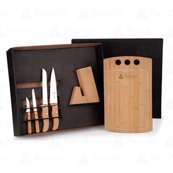 Conjunto Para Cozinha Com Cepo Em Bambu e Inox Personalizado