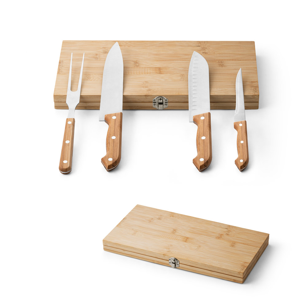 Kit churrasco em caixa bambu com 4 utensílios em aço inox e bambu