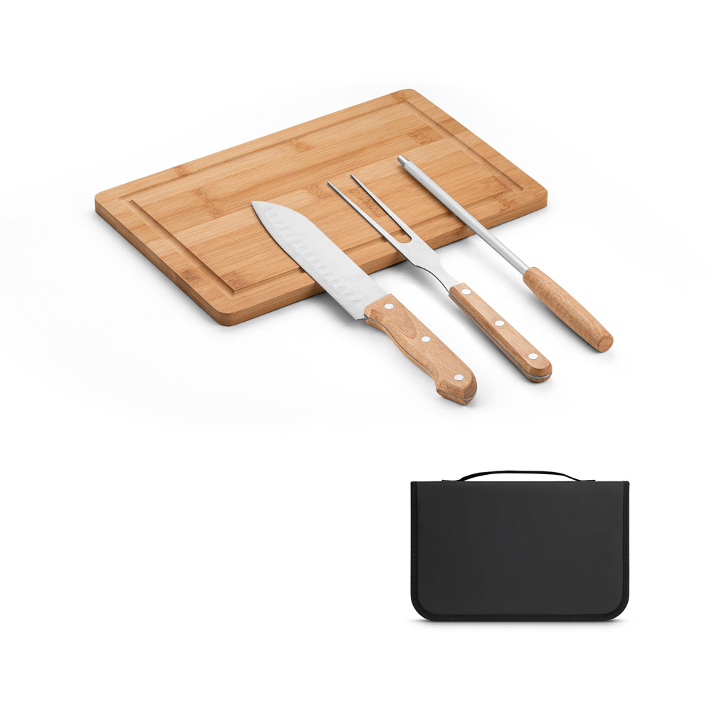 RD 94107- Kit churrasco personalizado em estojo com tábua em bambu com 3 utensílios em aço